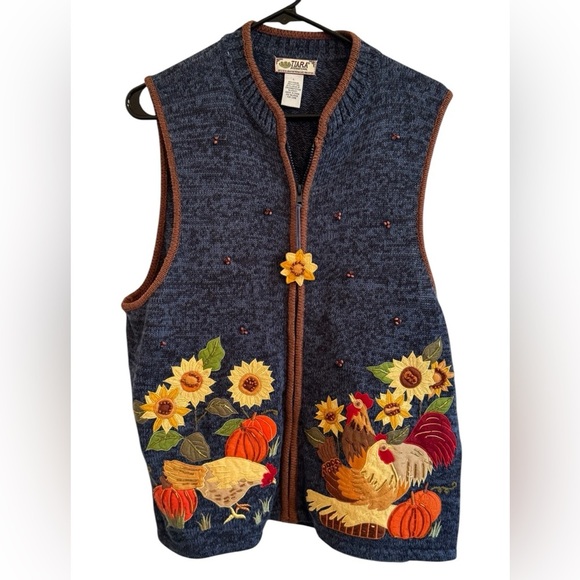 Vintage Tiara International Rooster Sunflower Blue Sleeveless Vest Size Large - Picture 7 of 13